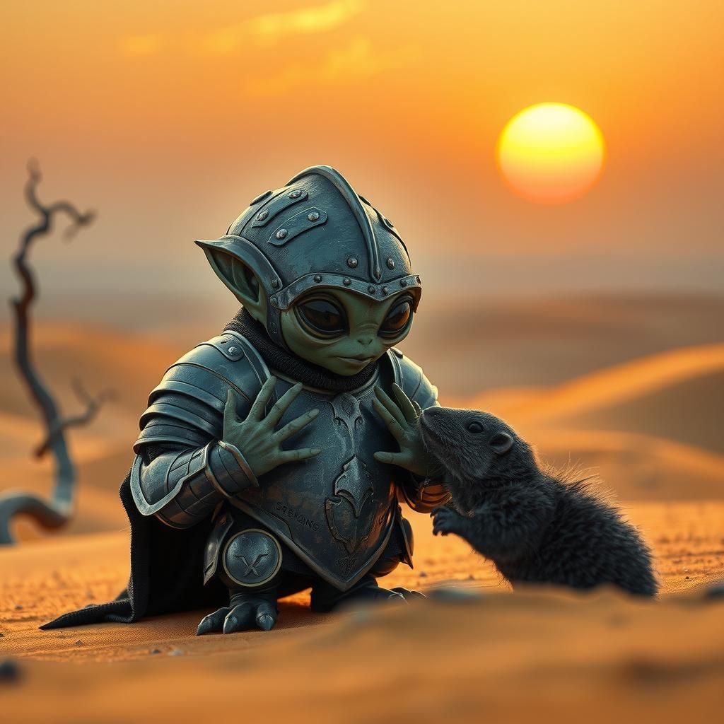 Alien and Mole Encounter in Surreal Landscape