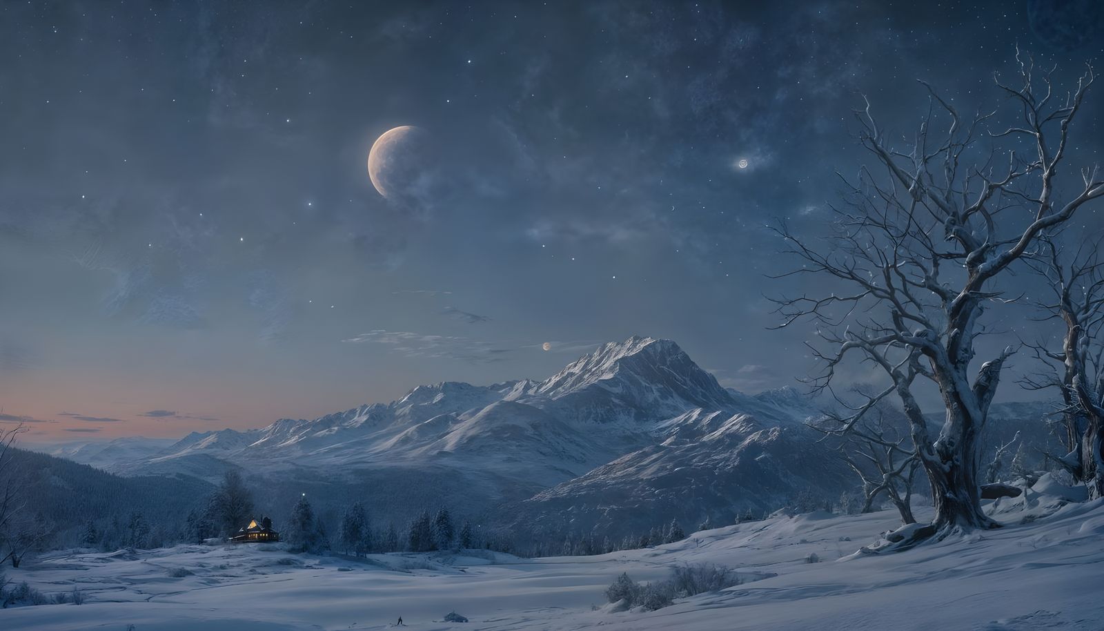 Epic Blue Moon in Winter Night