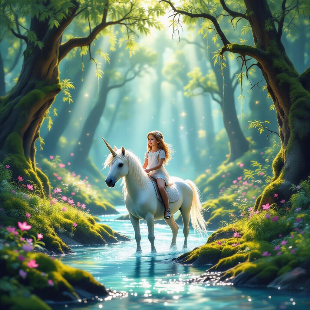 Girl and Unicorn in Iridescent Forest