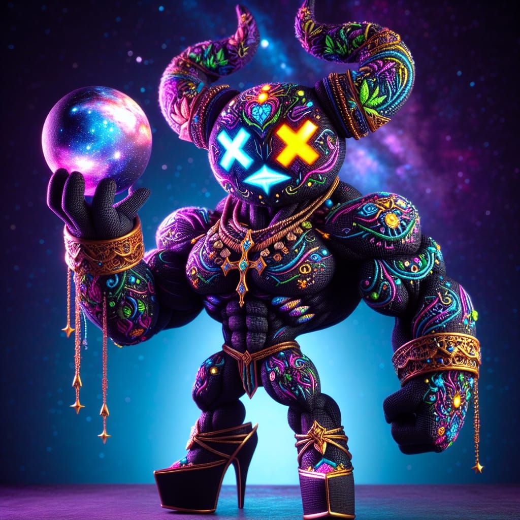 Stylized Fabric Figure with Galaxy, Neon Accents
