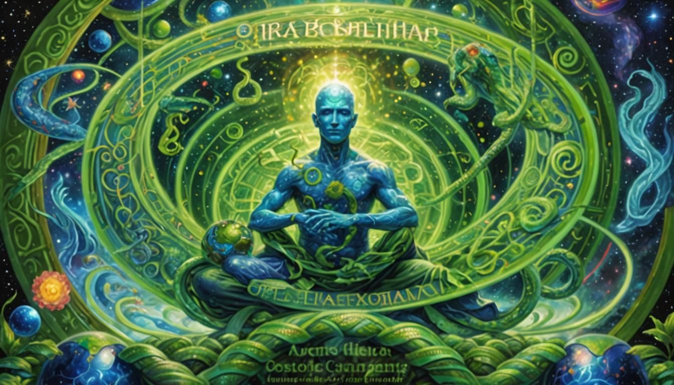 Cosmic Visionary Art: Blue Man in Green Sphere