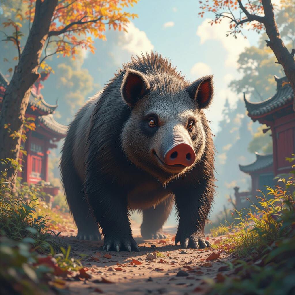 Detailed Matte Painting of a Man-Bear-Pig Creature