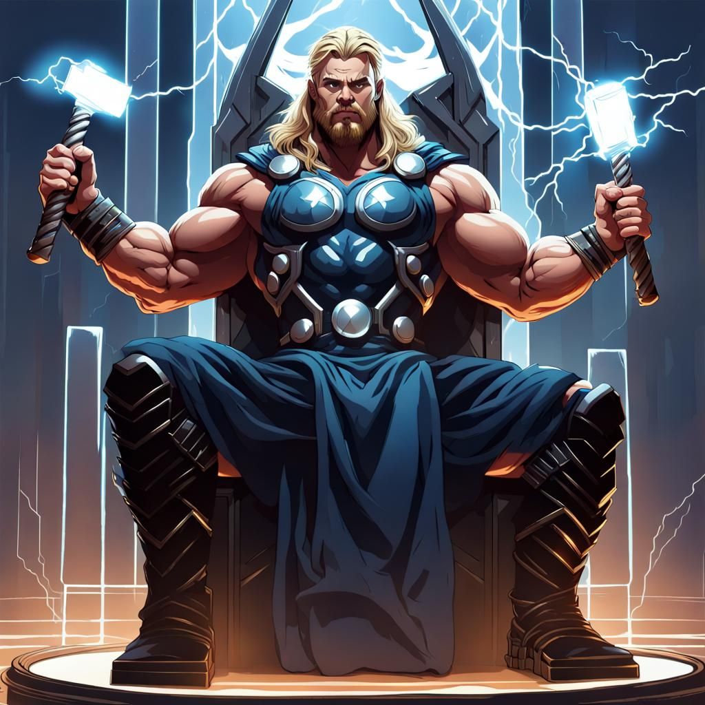 Thor on Glass Throne in Hades Game Art Style