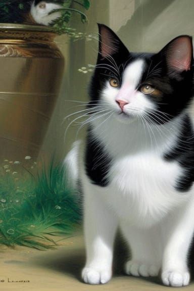 Detailed Oil Painting of a Black and White Cat