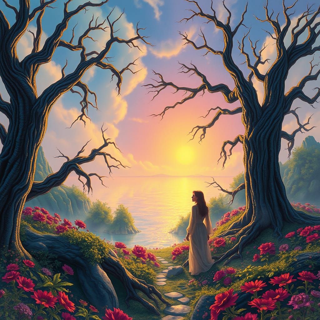 Surrealist Landscape with Glowing Trees and Shimmering Lake