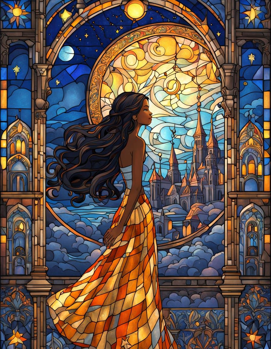 Woman in Stained Glass Window Art Nouveau Style