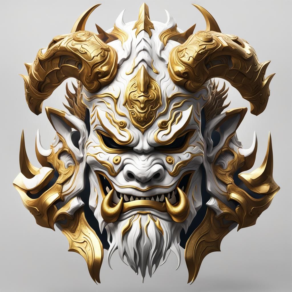 Detailed Gold and White Oni Mask Art