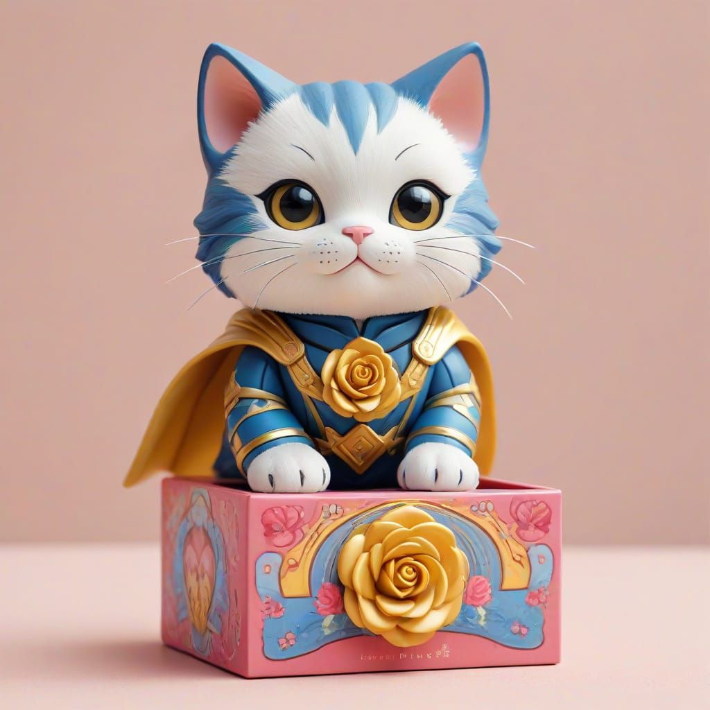 Whimsical Kawaii Cat Superhero in Golden Rose Box