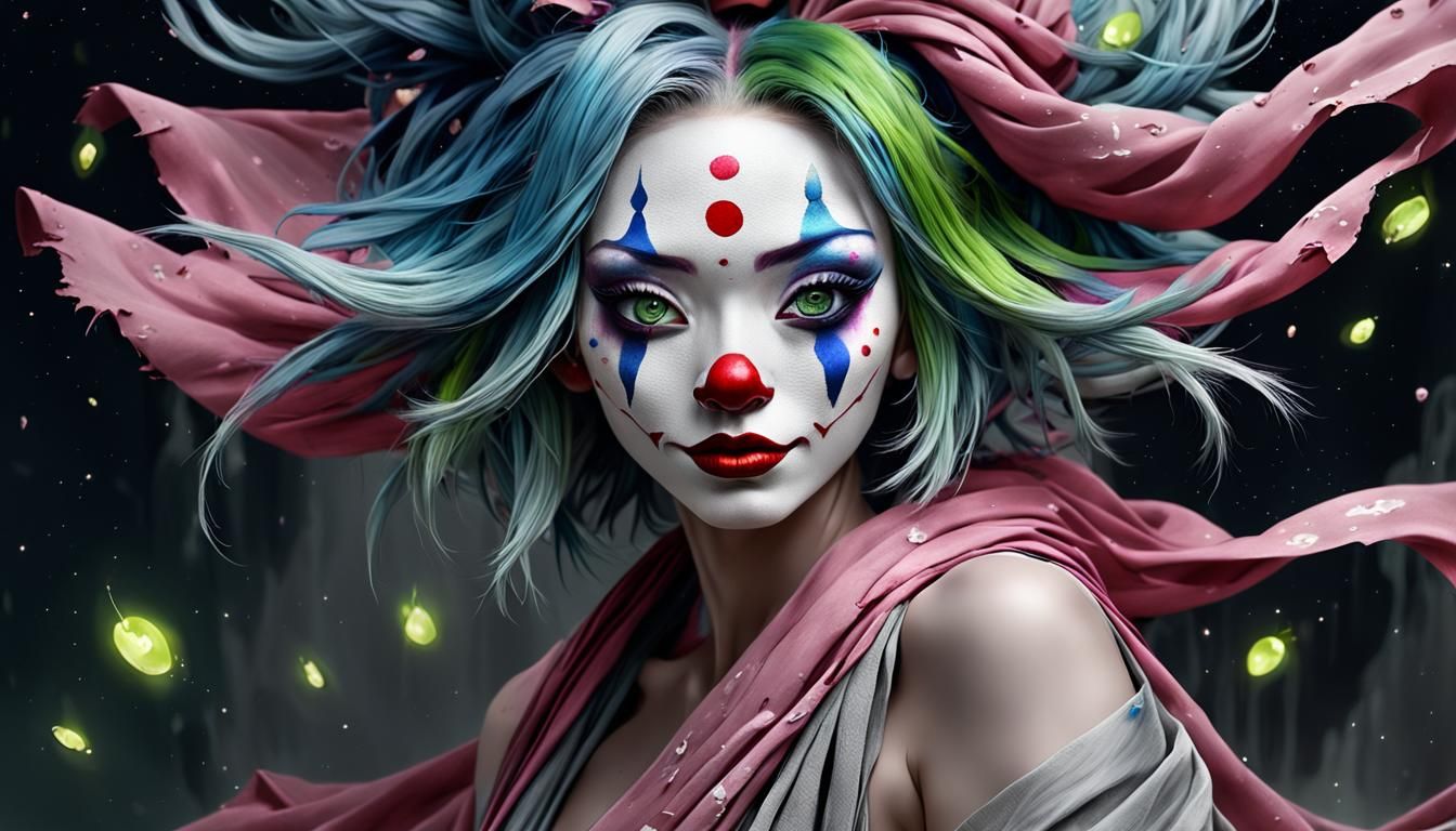Grayscale Clown Kabuki Babe with Fireflies