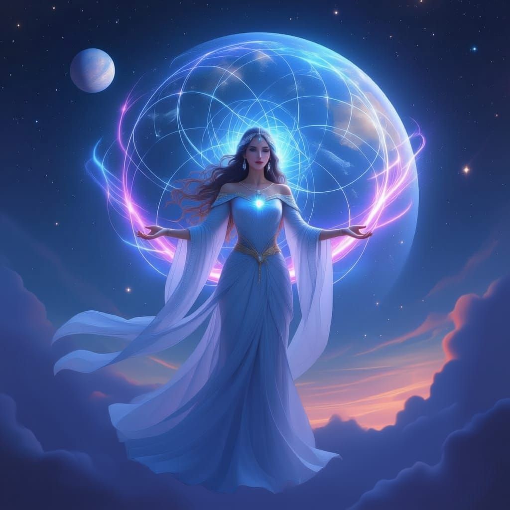 Cosmic Goddess Weaves Magic Net Around Planet