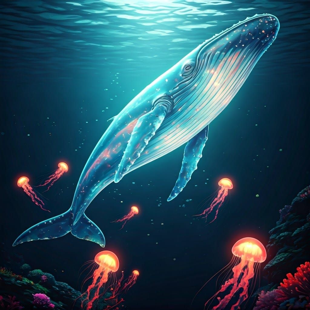 Glowing Glass Whale in Bioluminescent Ocean