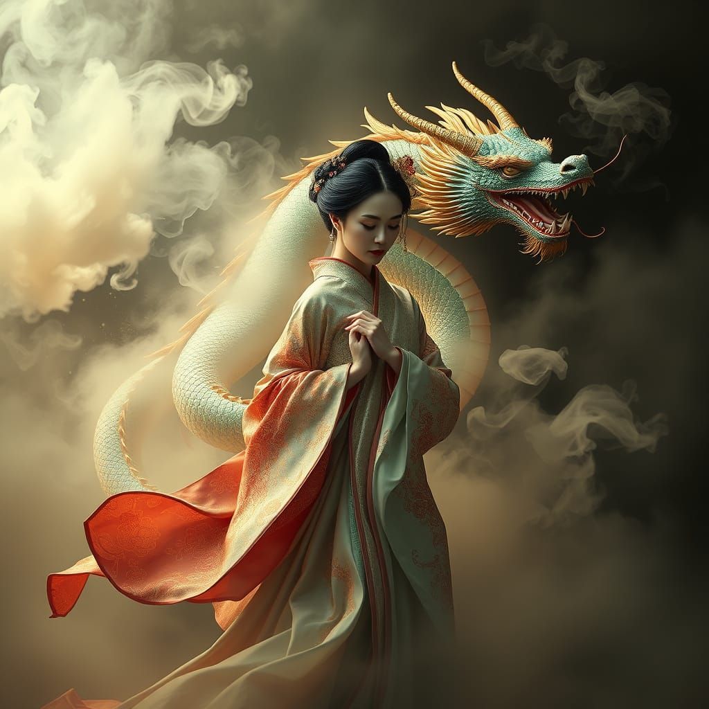 Surreal Geisha in Lavish, Dissolving Robes with Majestic Dra...