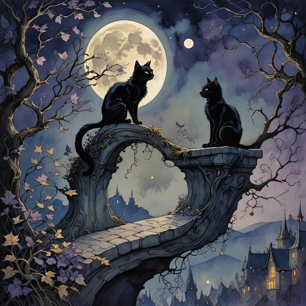 Black Cat Under Moonlight: Whimsical Illustration