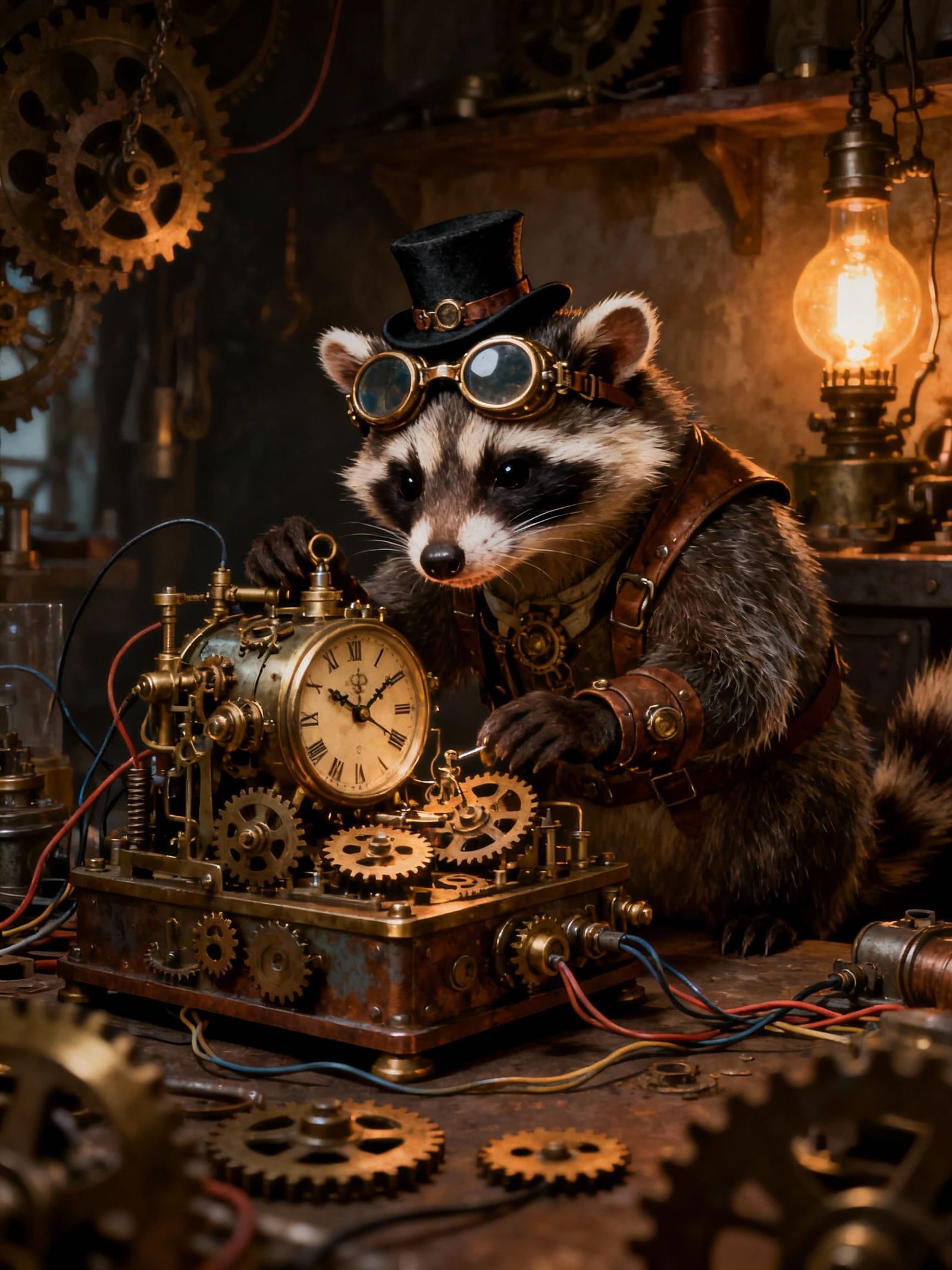 Steampunk Possum Tinkering with Clockwork in Dim Workshop