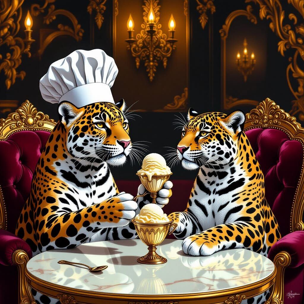 Regal Jaguars Serving Ice Cream in Opulent Parlor