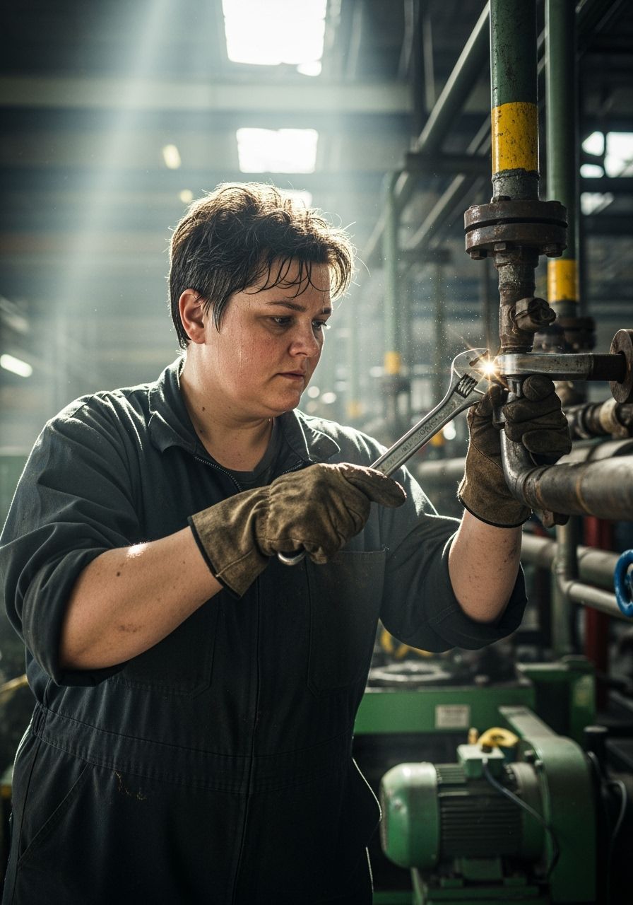 Focused Factory Worker with Wrench in Industrial Setting