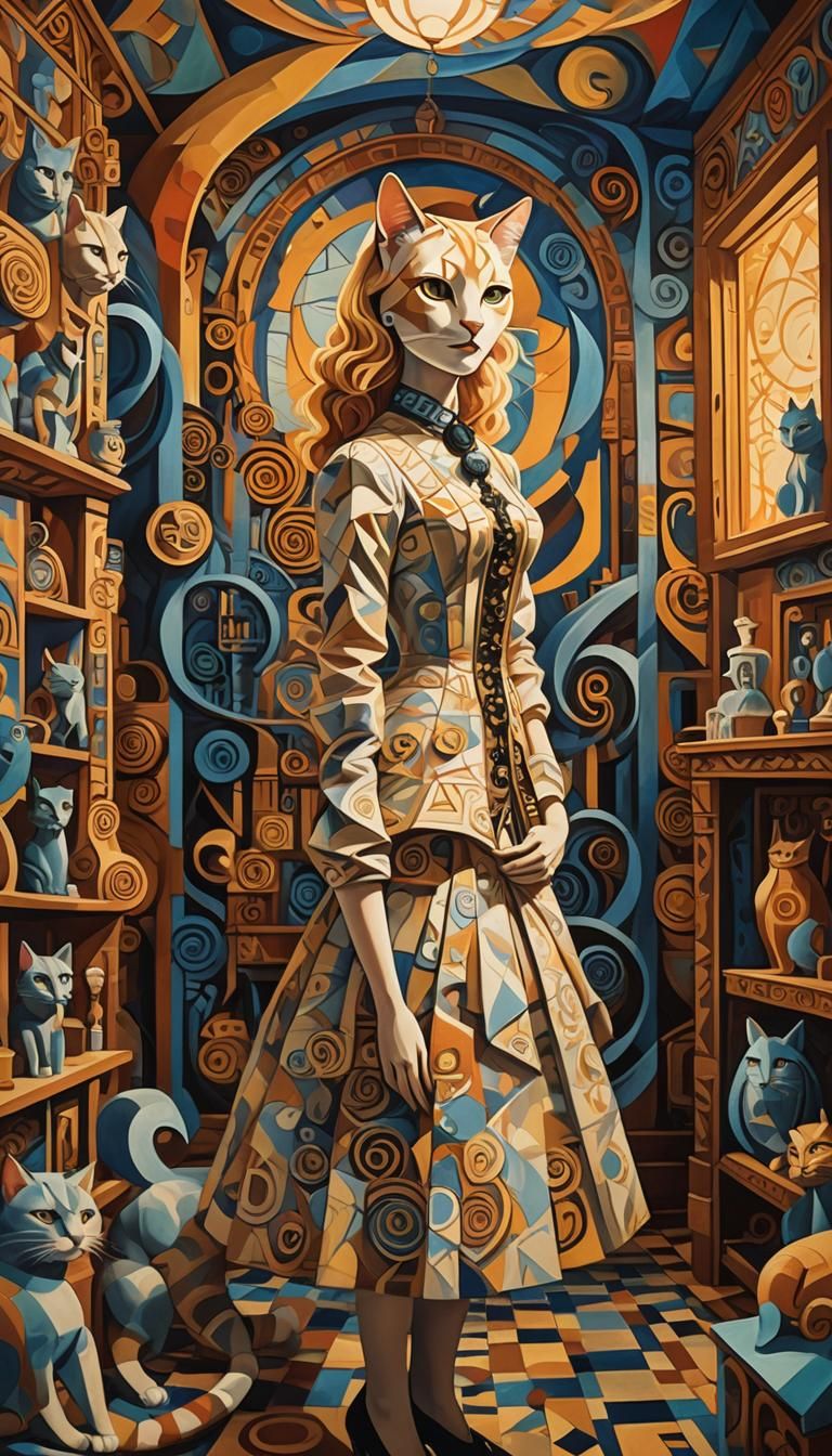 Cubist Cat Girl in Victorian Room