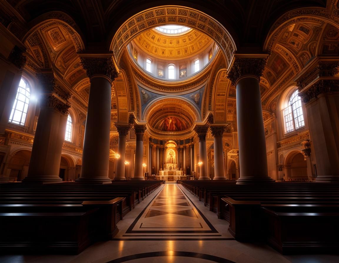 Ethereal Roman Basilica Interior at Magic Hour