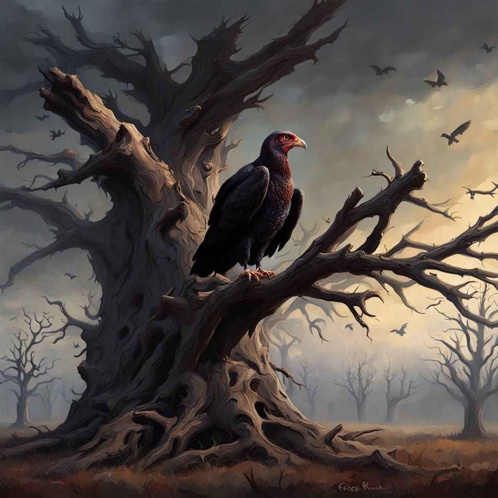 Sinister Barn with Turkey Buzzard, Dark Fantasy Art