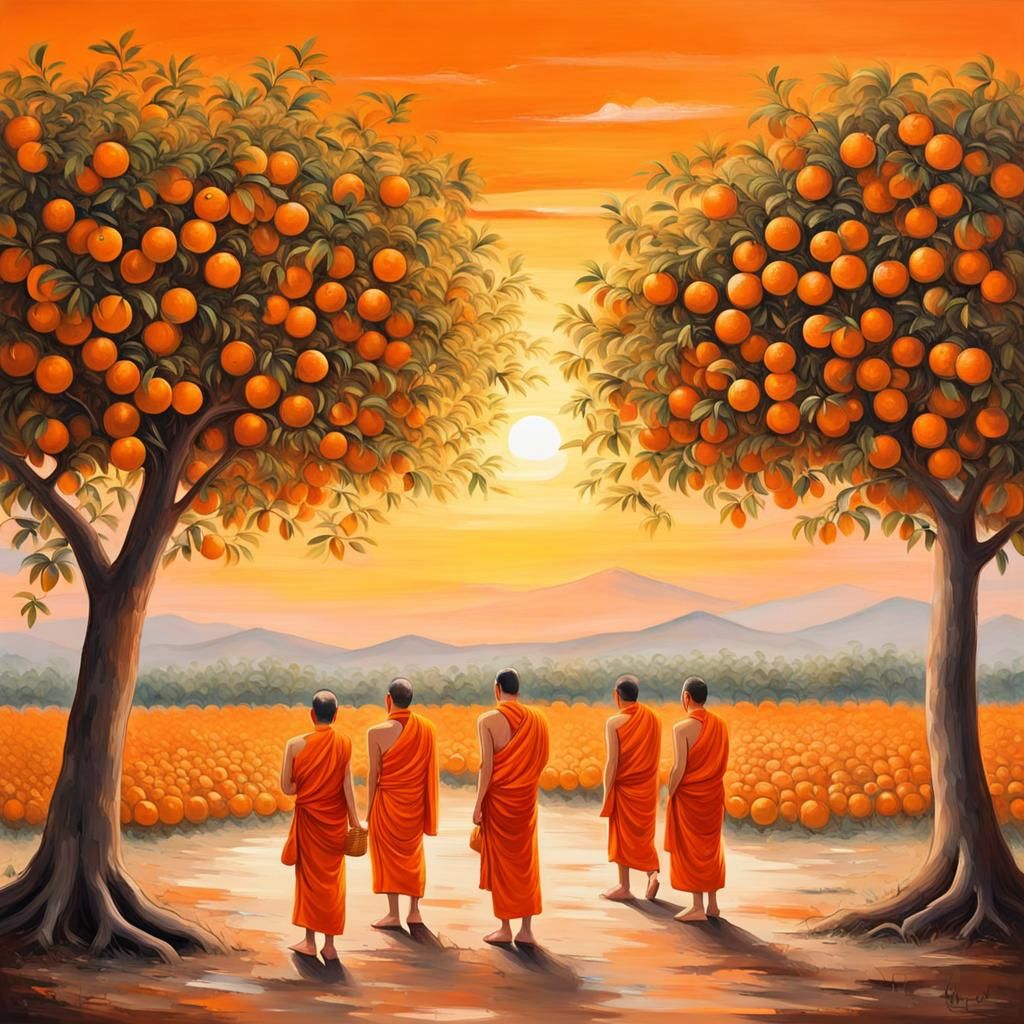 Thai Monks Harvesting Oranges: Abstract Sunset Painting