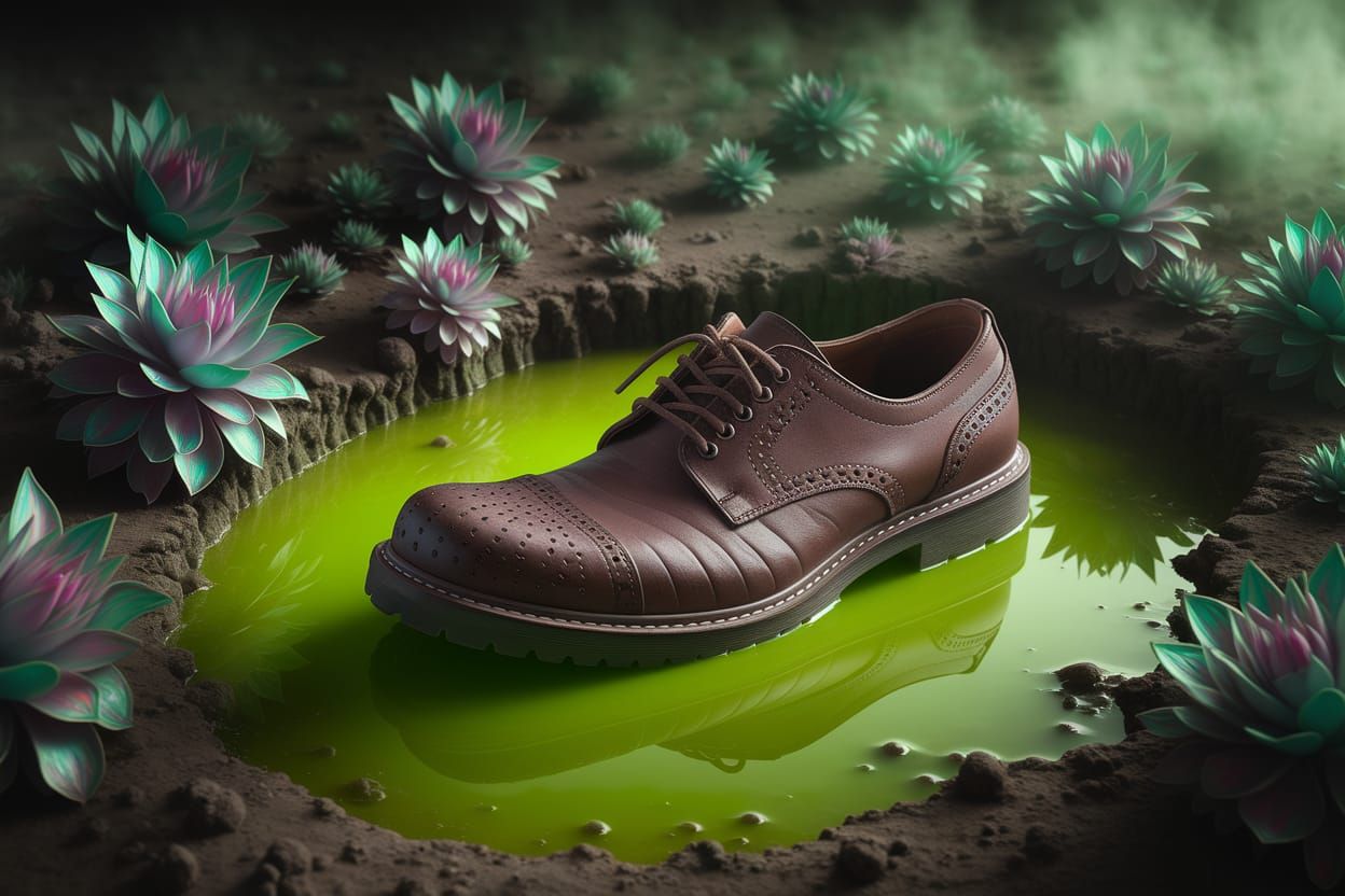 Leather Shoe in Neon Puddle: Surreal Photography