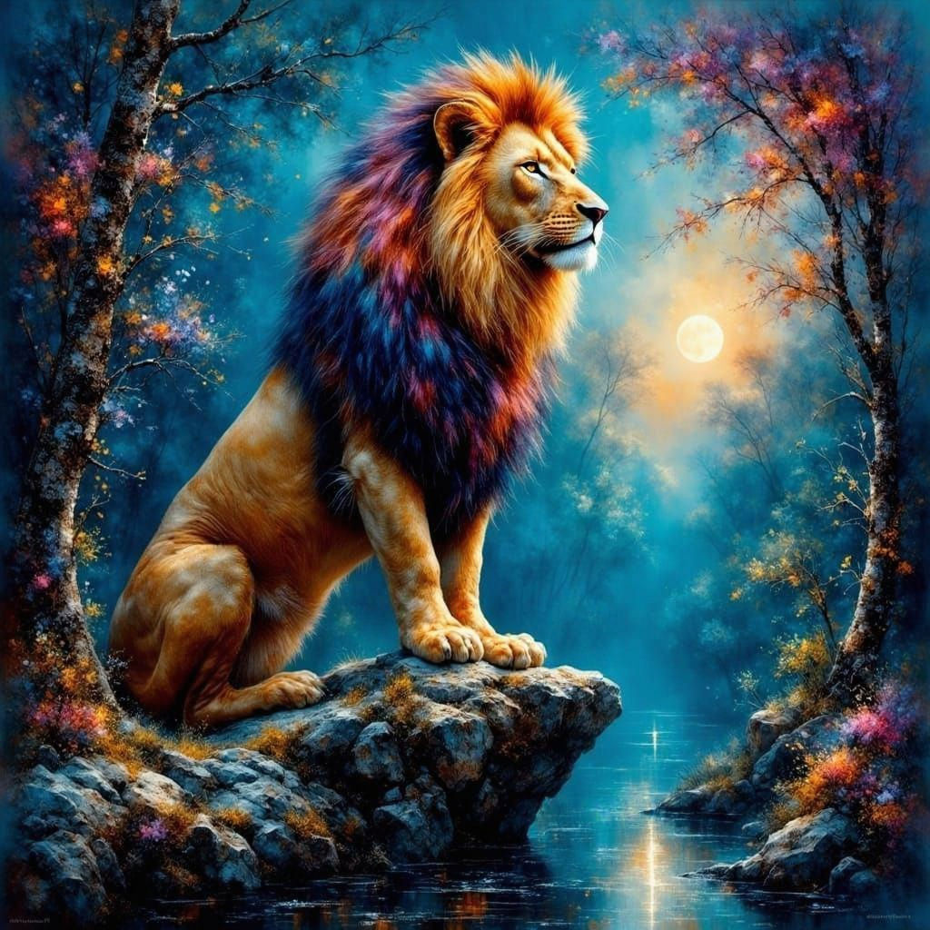 Majestic Bioluminescent Lion Overlooking Mystical Forest as ...