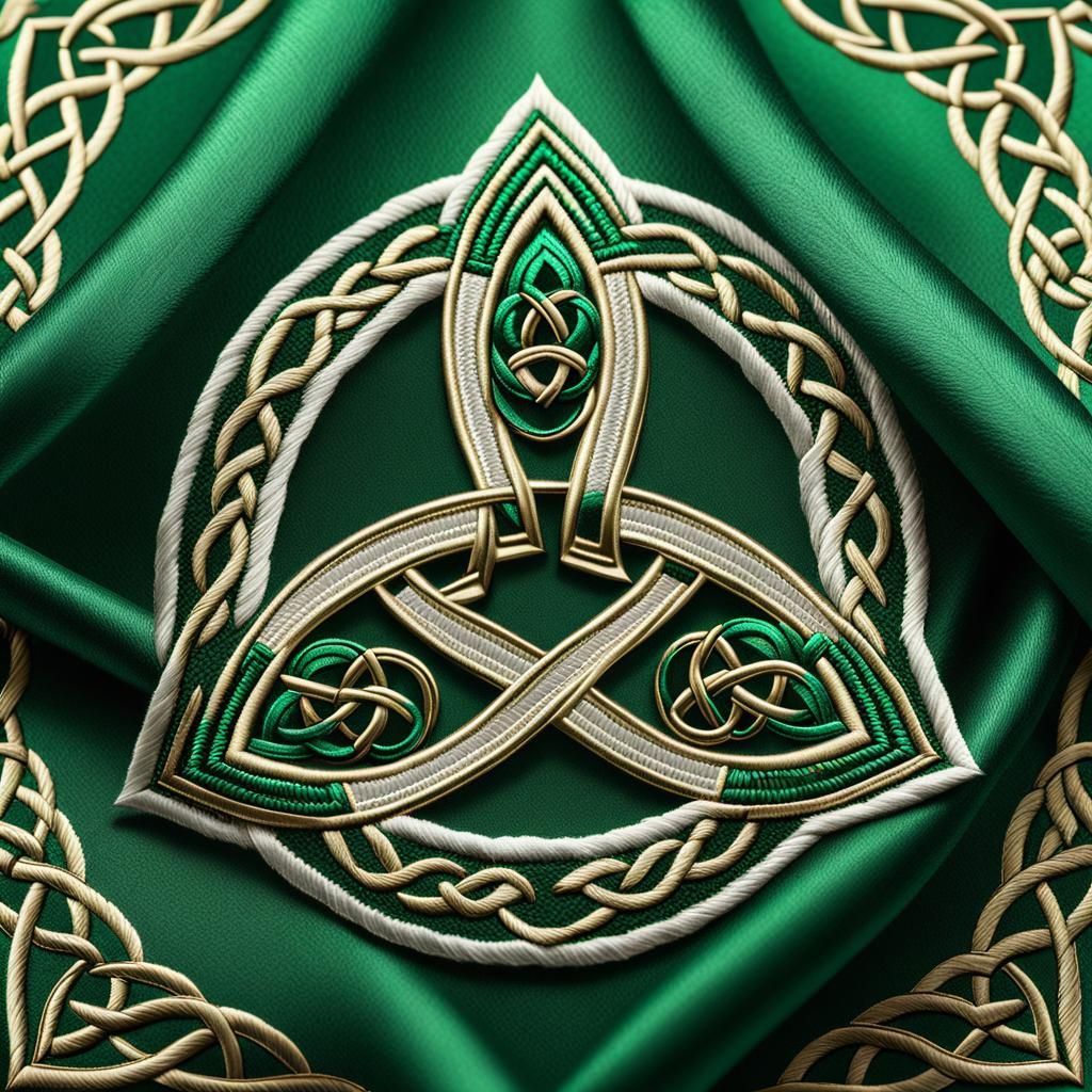 Emerald and sheer embroidered satin cloth, intricate Embroidery Triquetra Celtic trinity knot recurring pattern, beautif...