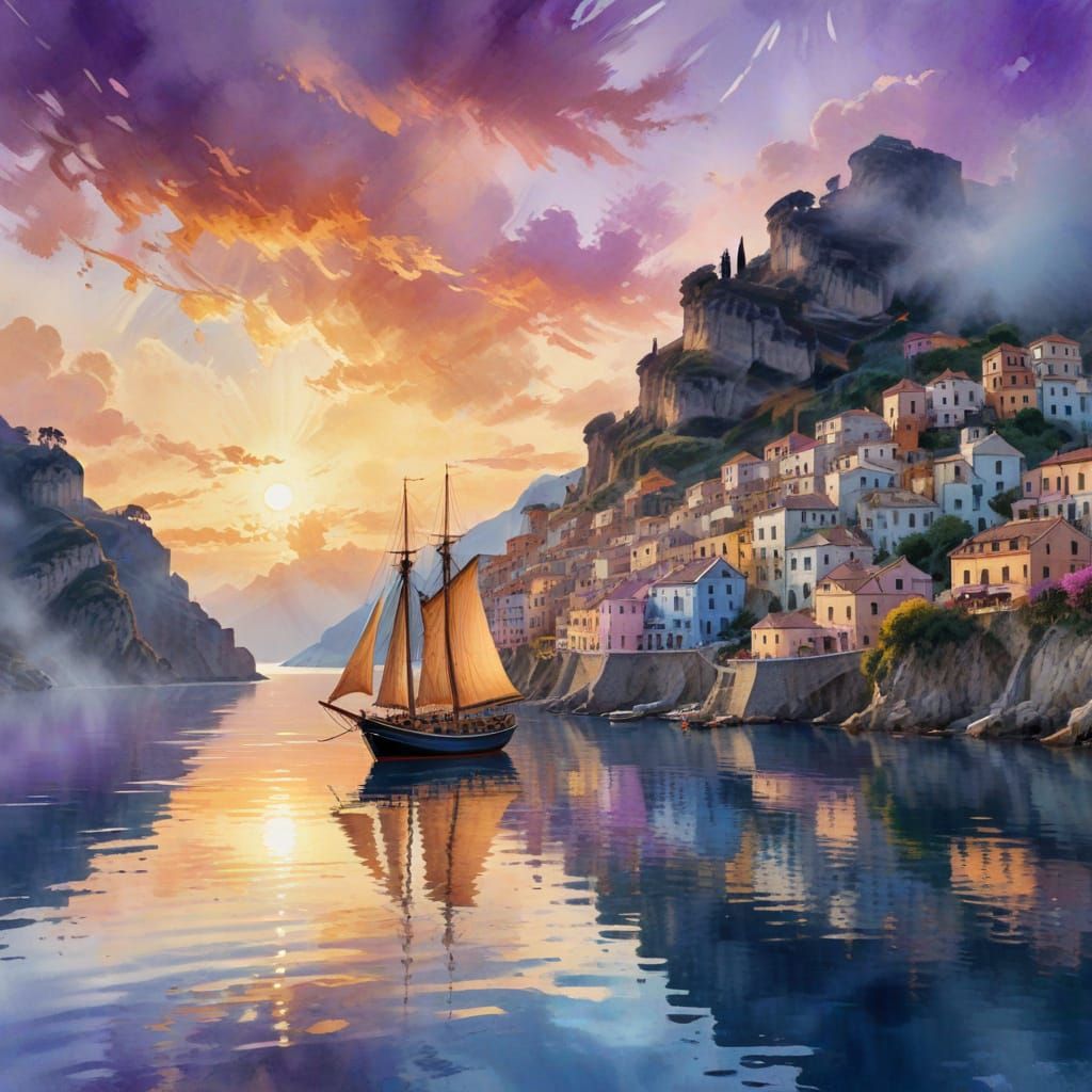 Idyllic Watercolor Village on the Amalfi Coast