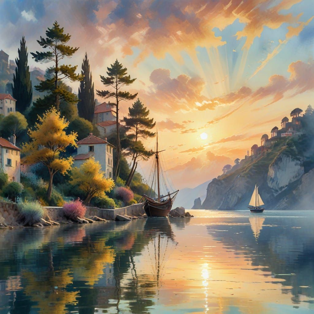 Warm Golden Hour Village Scene in Watercolor Style