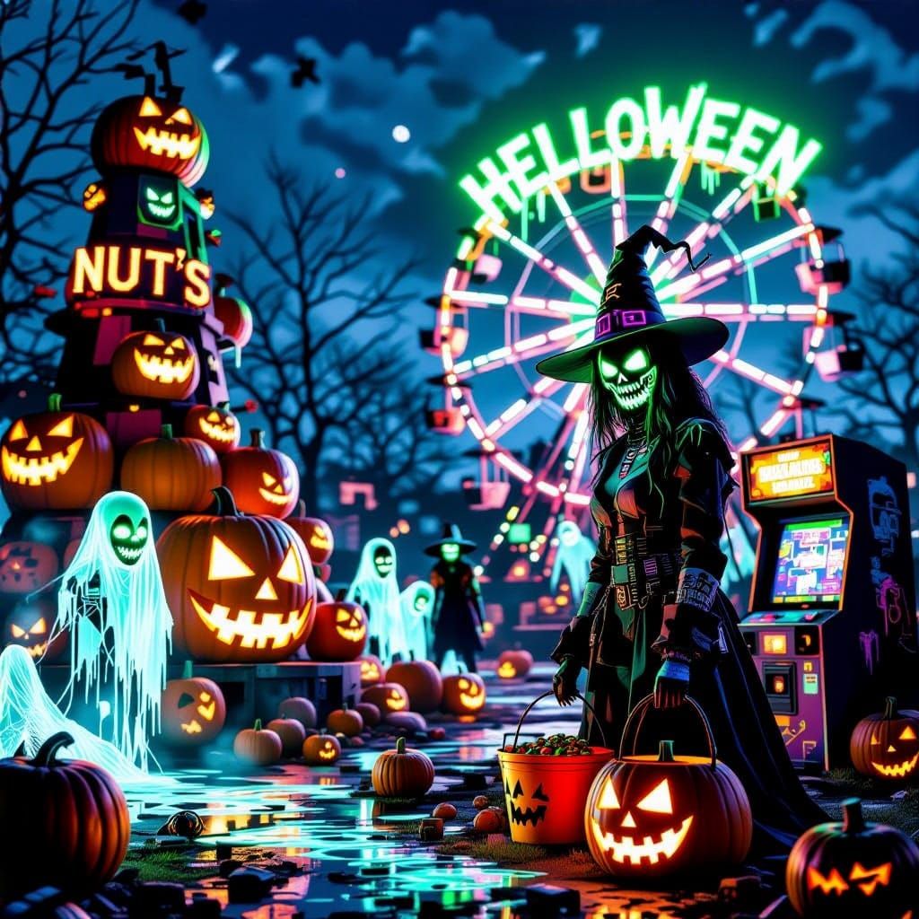Cyberpunk Halloween Carnival Horror With Binary Pumpkins