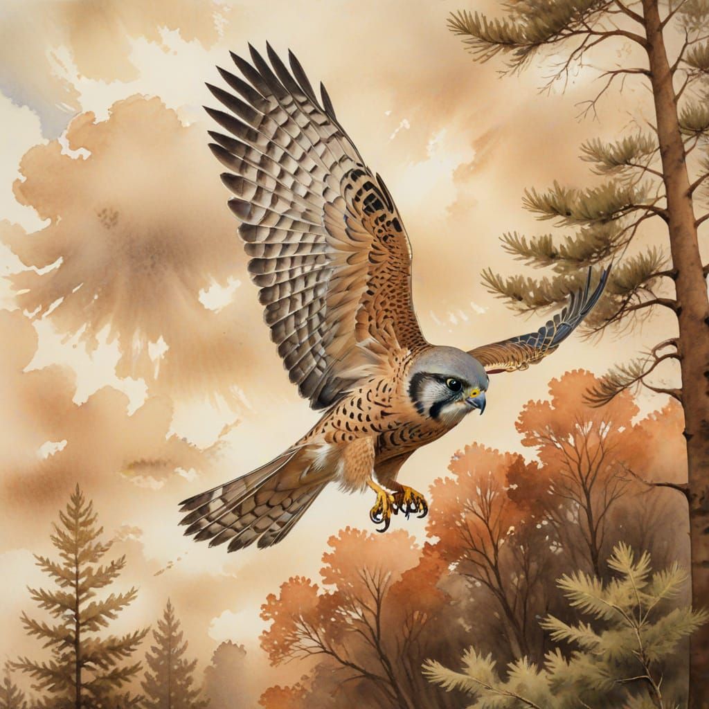 Kestrel Hovering: Photo-Realistic Watercolor Art