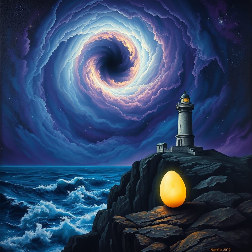 Ancient Lighthouse Under Cosmic Nebula Sky