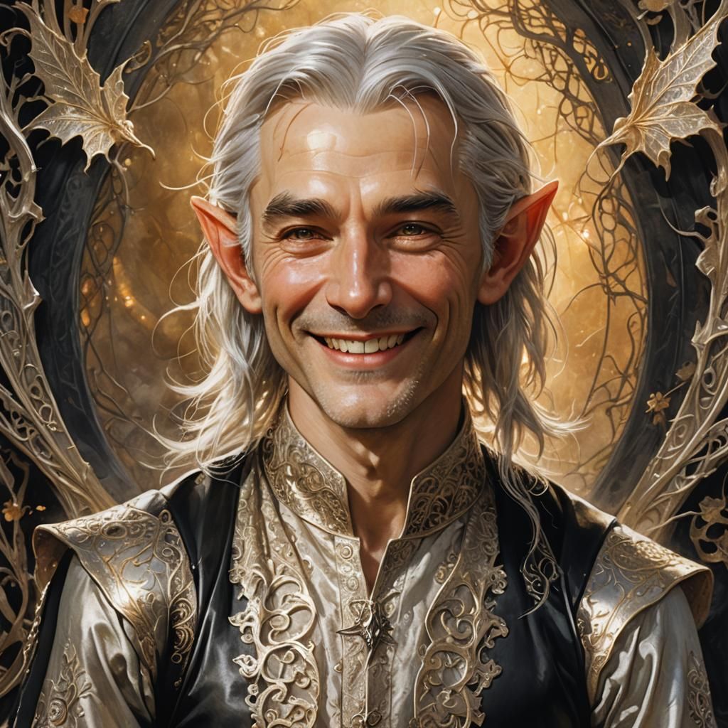 Smiling Elf Portrait in Golden Light, Fantasy Illustration