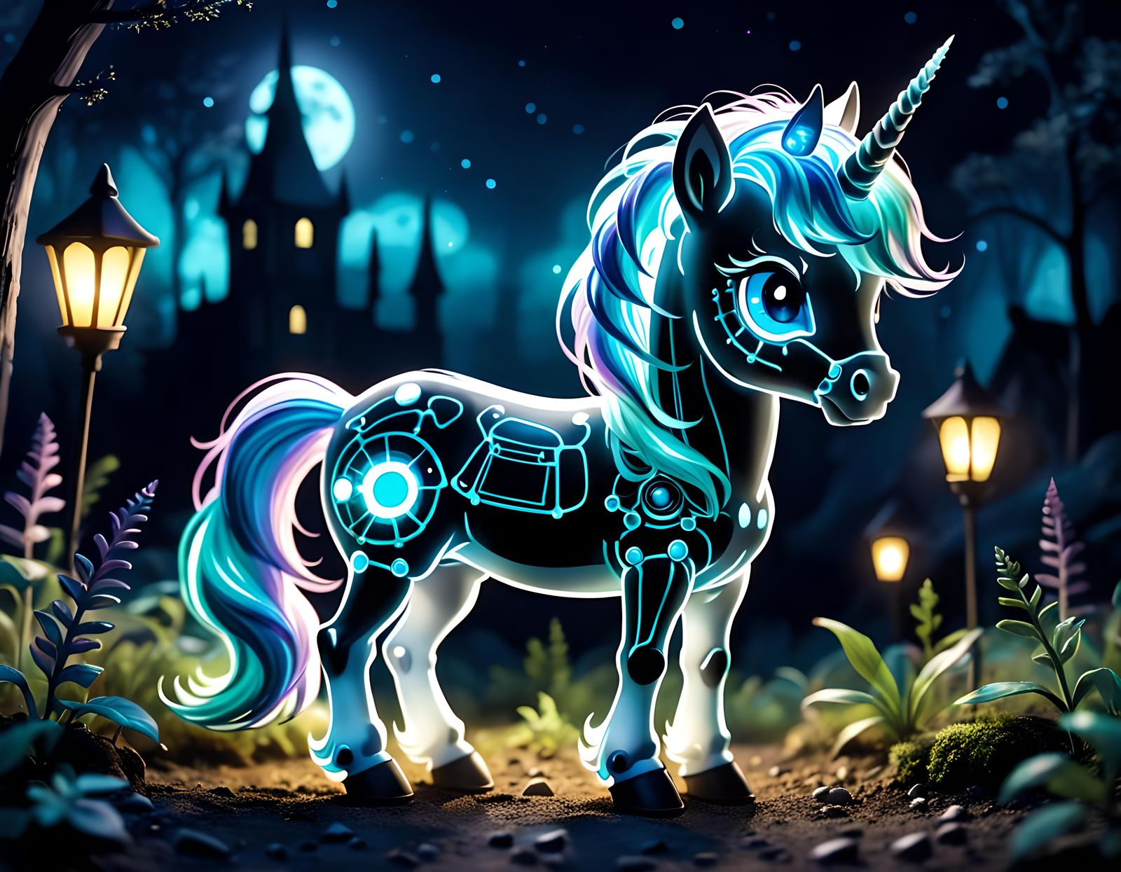 Bioluminescent Undead Unicorn Watercolor Illustration