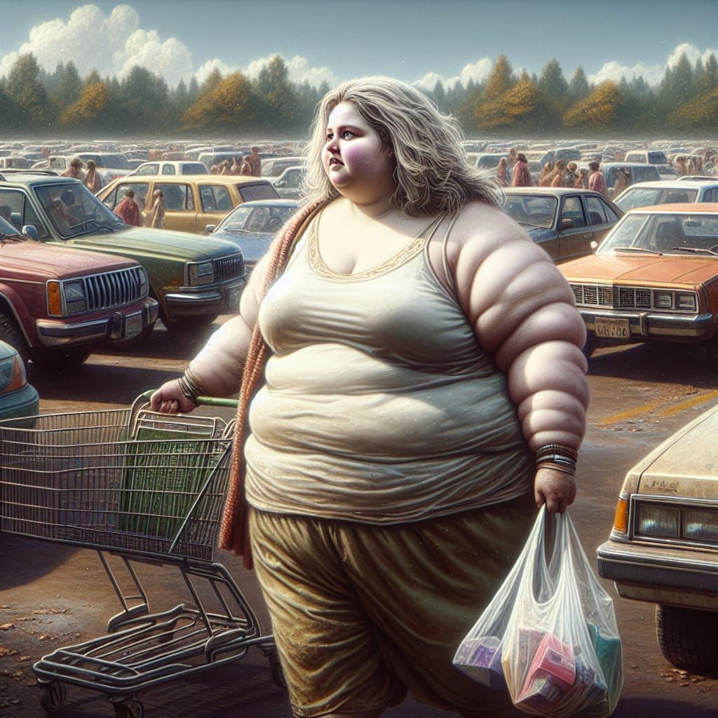 Overweight Woman in Parking Lot: 19th Century Matte Painting