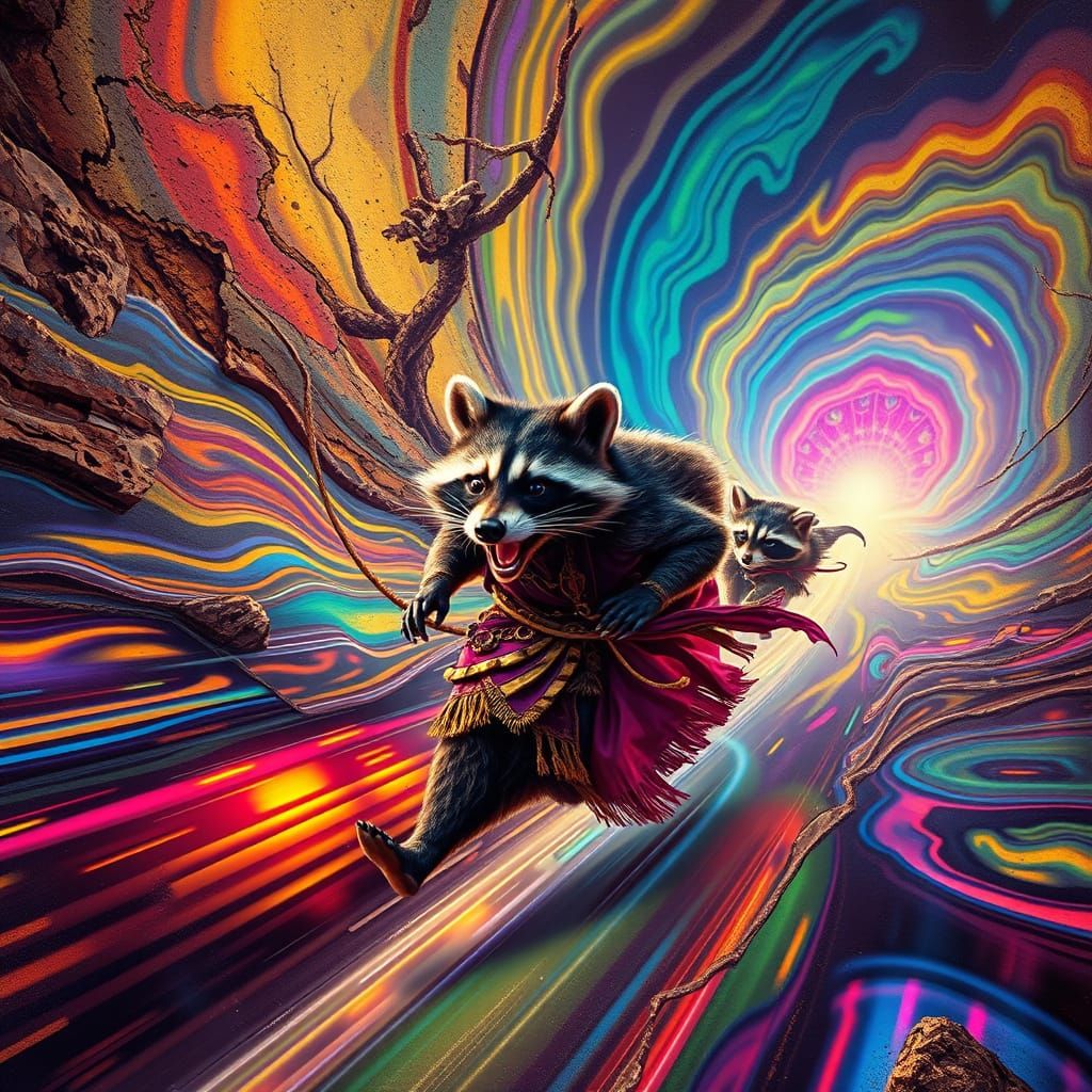 Raccoons Speeding Through Light Vortexes in Fresco Mural