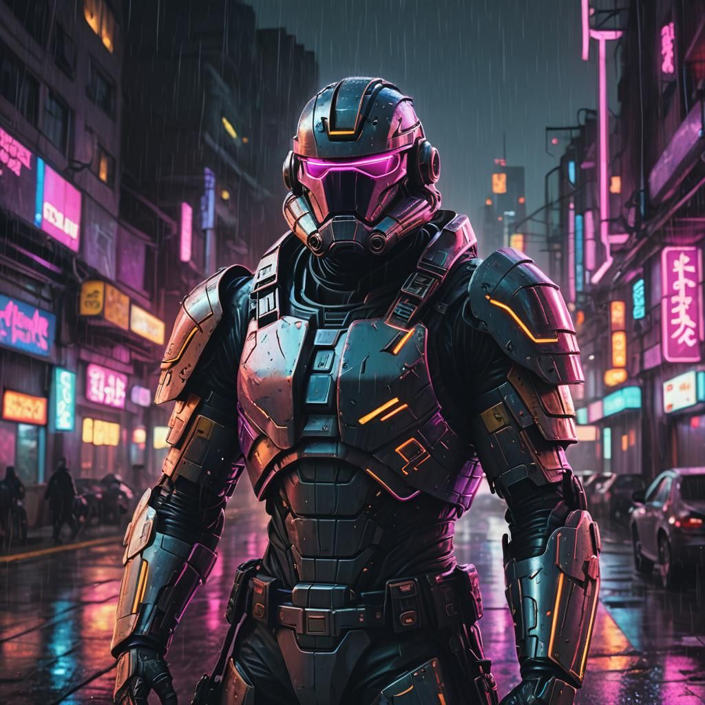 Armored Trooper in Rainy Cyberpunk Cityscape