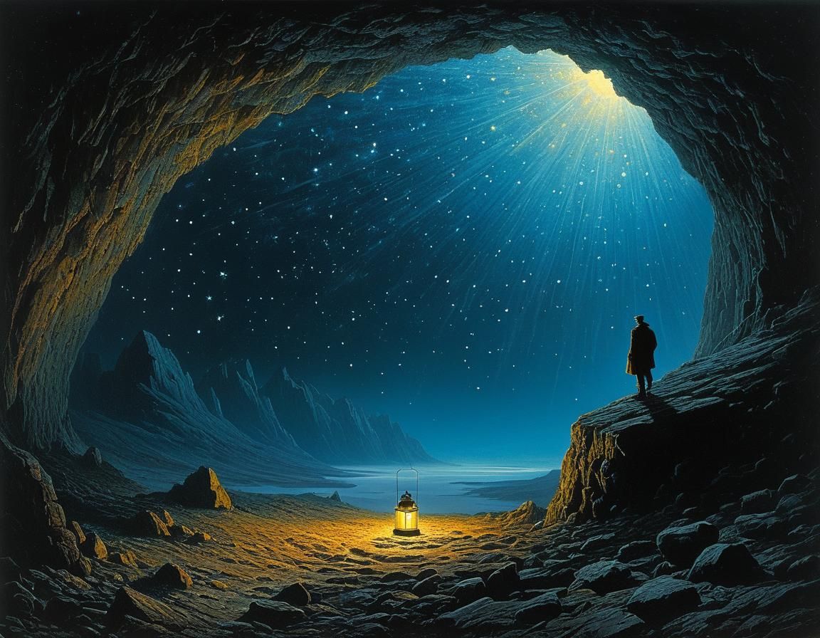 Speleologist in Vast Cave, Surrealist Art
