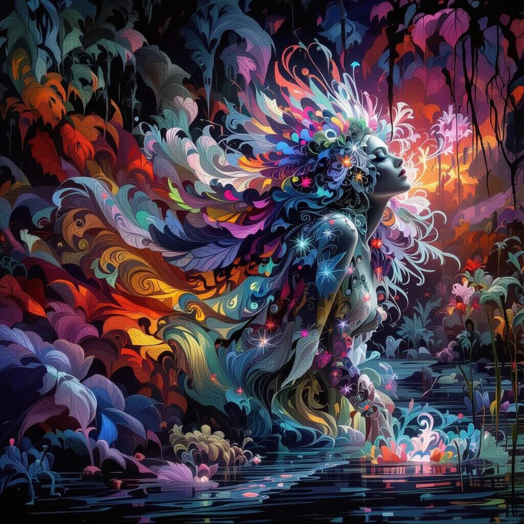 Mysterious Woman in Surreal Swamp Dreamscape