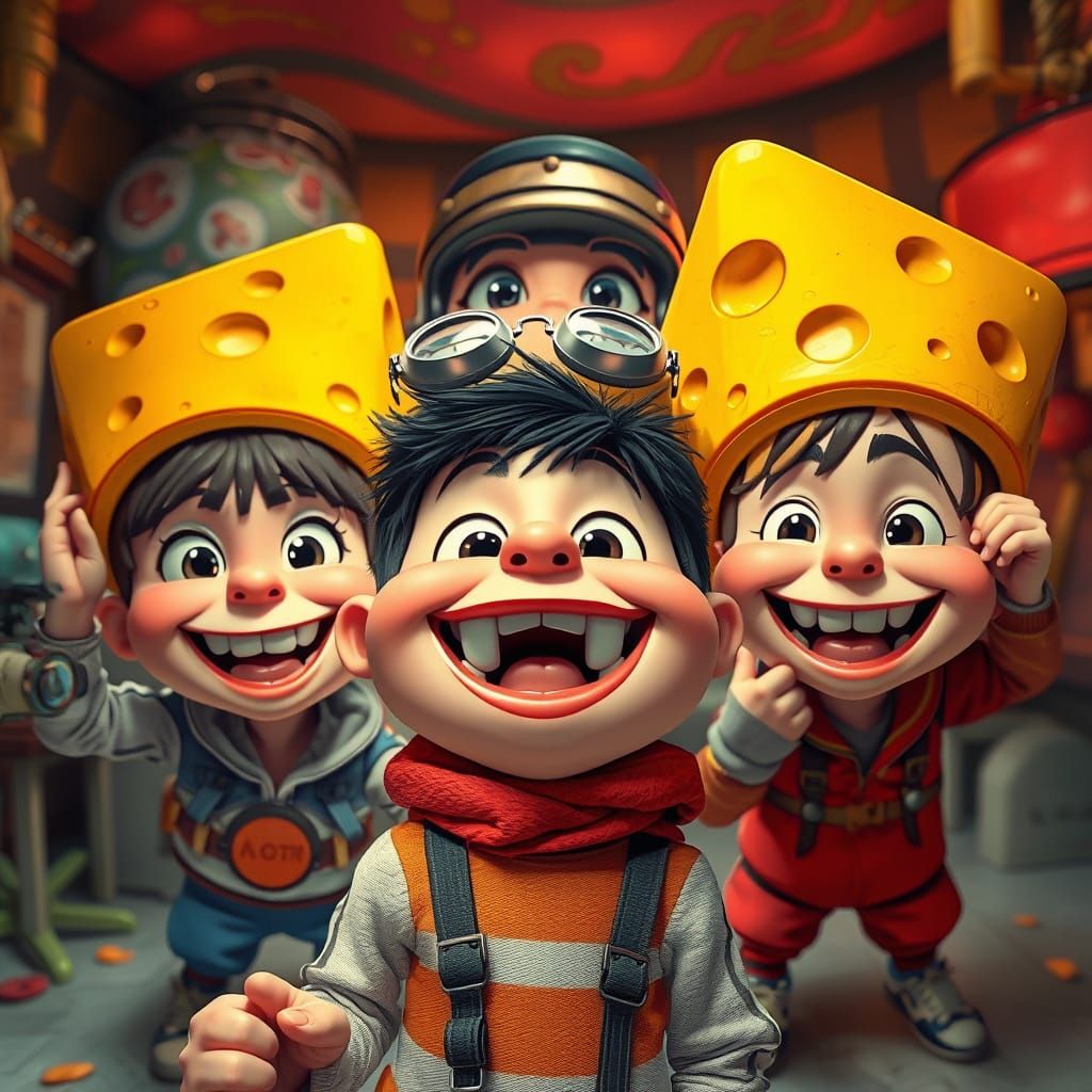 Cheesy Cartoon Kids Pose for Camera in Whimsical World