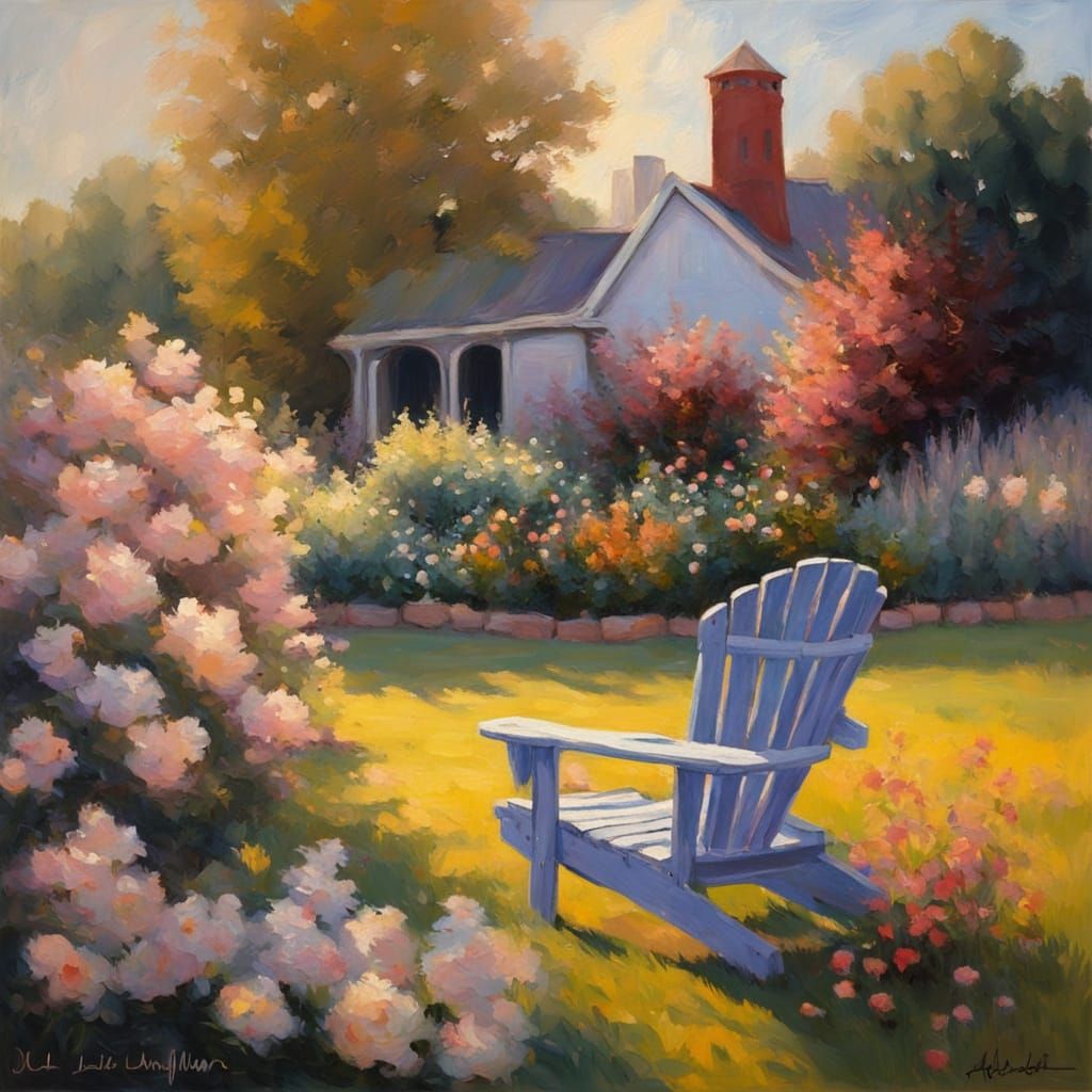 Impressionist Garden Scene with Space Rocket