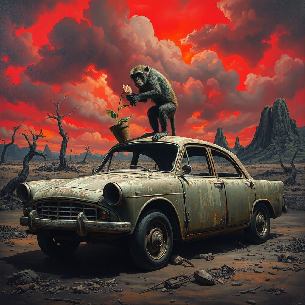 Dark Fantasy Oil Painting: Post-Apocalyptic Ruin with Hope