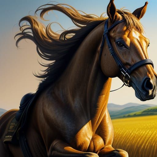 Running Horse Portrait in Golden Field as Oil Painting
