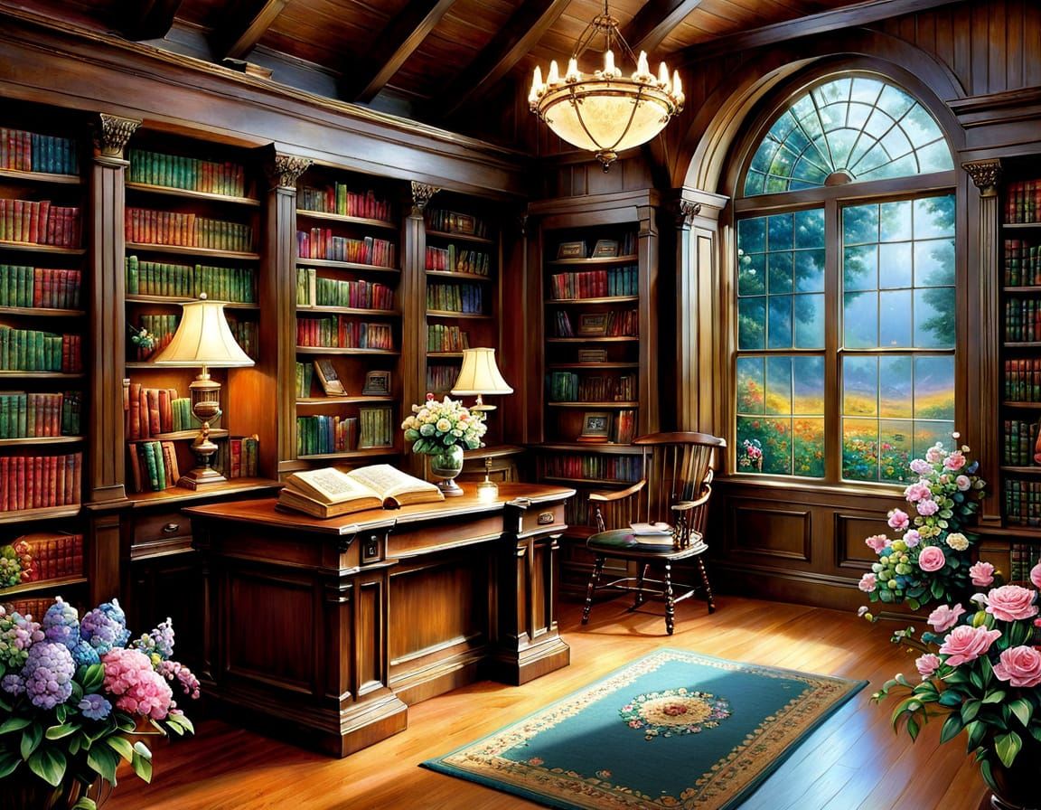 Whimsical Library Scene in Dreamy Watercolor Style