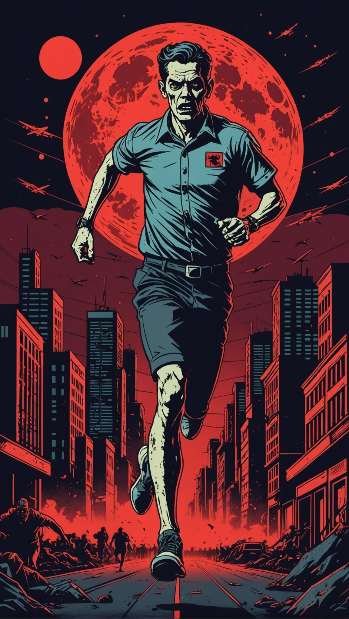 Runner Escaping Zombies Under Red Moon in Halftone