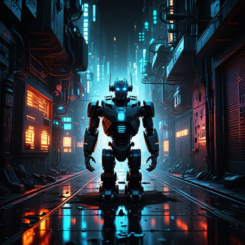 Futuristic Robot in Neon City: Abstract 3D Art