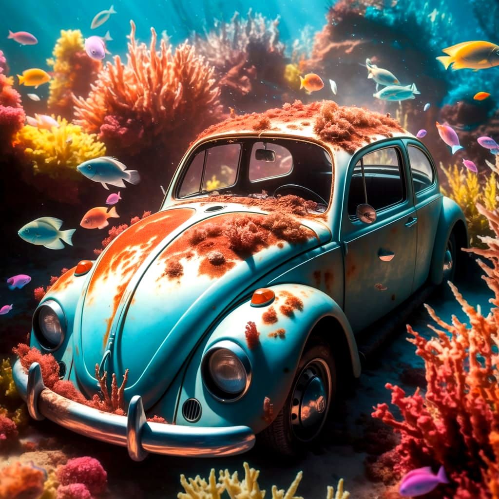 Submerged VW Beetle in Underwater Fantasy World