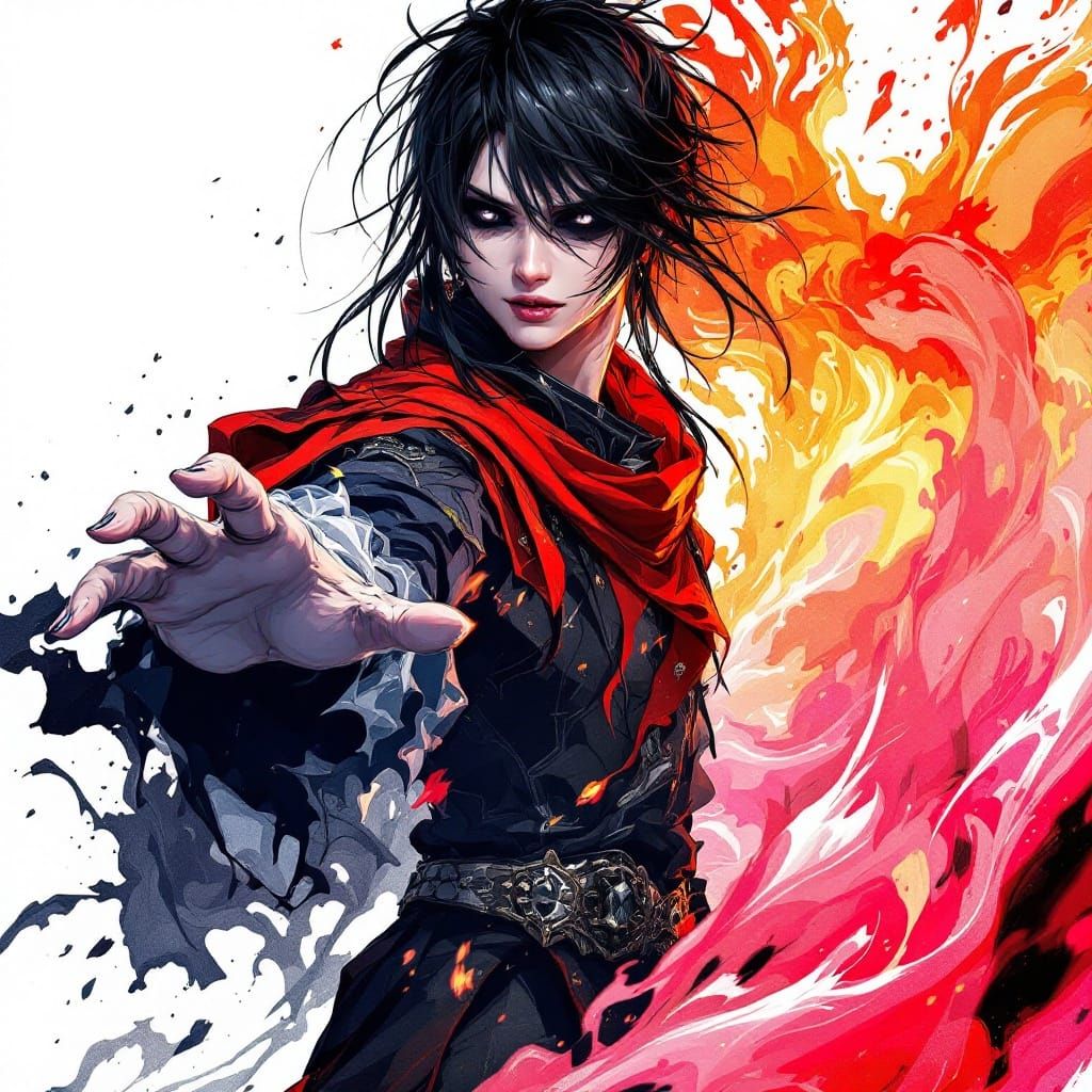 Heroic Anime Character in Black Ink Drawing Style