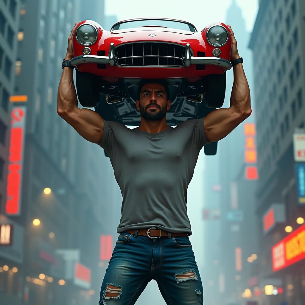 Muscular Man Carries Car in Comic Book Style