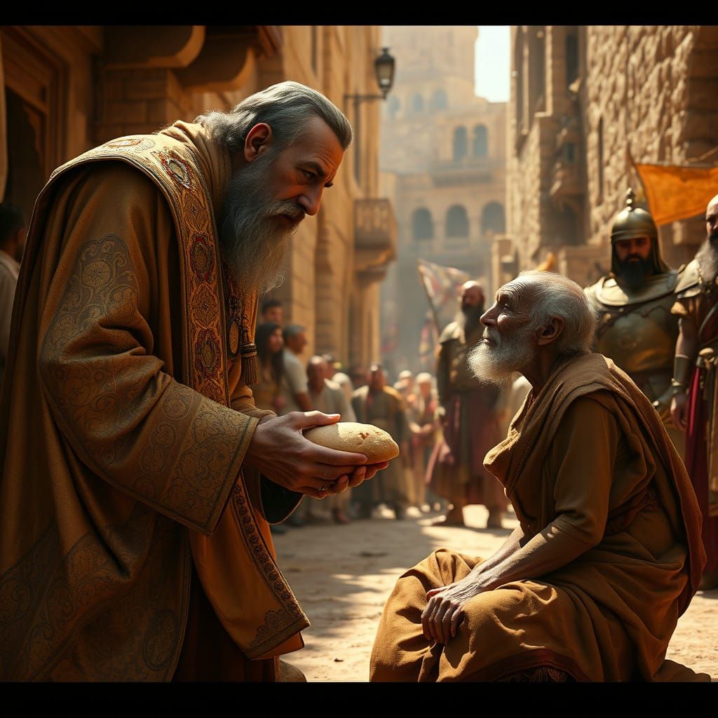 Ancient King Meets Beggar in Dusty Street of Ancient City